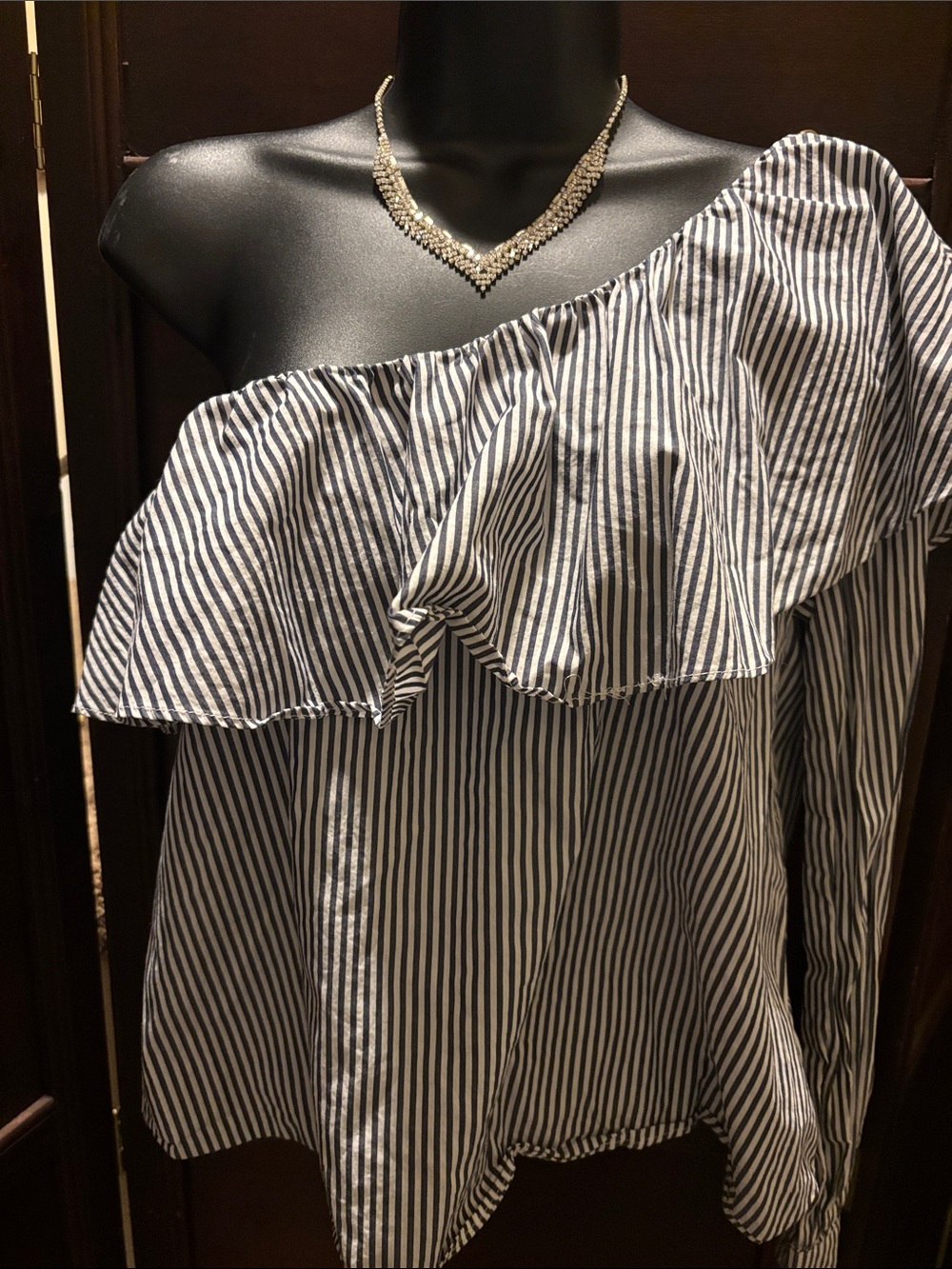 Active USA Navy and White One-Shoulder Ruffle Stripe Blouse